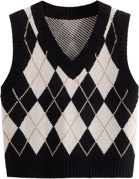 SweatyRocks Women's Plaid Geo Sleeveless V Neck Knit Crop Top Sweater Vest at Amazon Women’s Clothing store