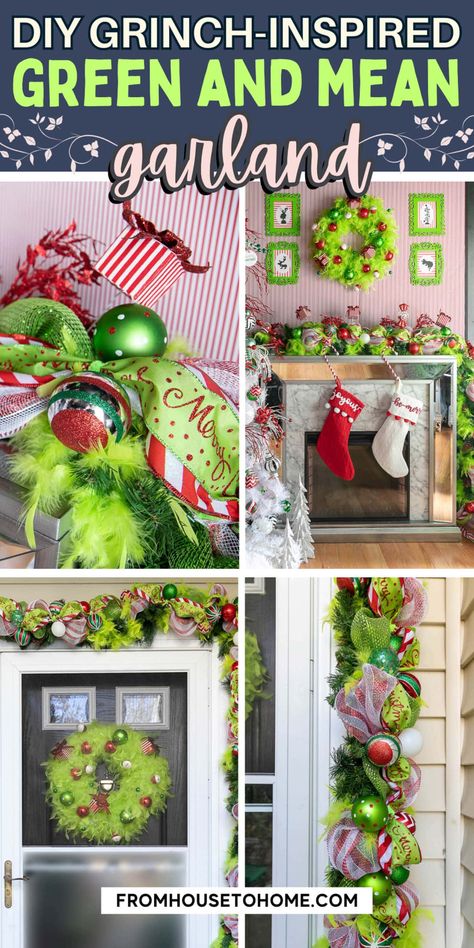 DIY Grinch Garland &#8211; A Step-By-Step Tutorial | Grinch Christmas Diy Grinch Garland Tutorial, Grinch Christmas Tree Ideas Themed Decor, Whoville Archway Diy, Grinch Wall Decorations Diy, Grinch Christmas Bathroom Decor, Diy Grinch Christmas Tree Topper, Grinch Mantle Ideas, Easy Diy Garland Christmas, Green Christmas Wreath Ideas