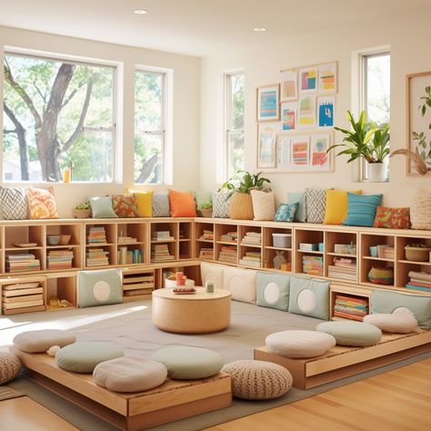 Set up your classroom with natural wood furniture to make a calming environment for children. Rearrange these shelves and panels to fit your space. Calming Daycare Room, Montessori Classroom Set Up, Luxury Classroom, Nursery School Classroom, Preschool Classroom Ideas, Preschool Room Layout, Montessori Preschool Classroom, Daycare Design Ideas, Nature Based Classroom