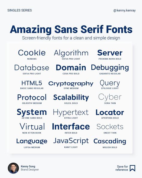 Kenny Song | Brand Designer | Minimalist sans-serif fonts that are easy to read and great for screens. Here are a few tips to help you choose a suitable typeface for… | Instagram Minimal Sans Serif Font, Clean Sans Serif Font, Sans Serif Fonts Typography, Kenny Song, Fonts Sans Serif, Best Sans Serif Fonts, Font Sans Serif, Sans Serif Typography, Buick Wildcat