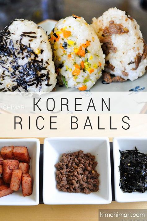 Korean rice balls! Easy, pretty rice triangles for packed lunch, picnic and of course a fun meal at home :) You can prepare the fillings beforehand to save time in the morning!  #kimchimari #koreanrecipes #easyricerecipe #lunchboxideas #riceball Rice Triangles, Korean Rice Balls, Koreansk Mad, Lunch Picnic, Korean Rice, Easy Rice Recipes, Korean Cooking, Packed Lunch, Korean Dishes