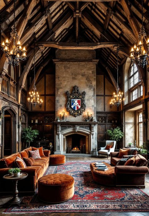 Old Money Living Room British Manor Houses Interior, Tudor Style Interior Design, Decorating Tall Walls High Ceilings, Modern Castle Interior, Old English Living Room, Chinese Interior Design Modern, Castle Living Room, English Manor Interior, Old Money Homes