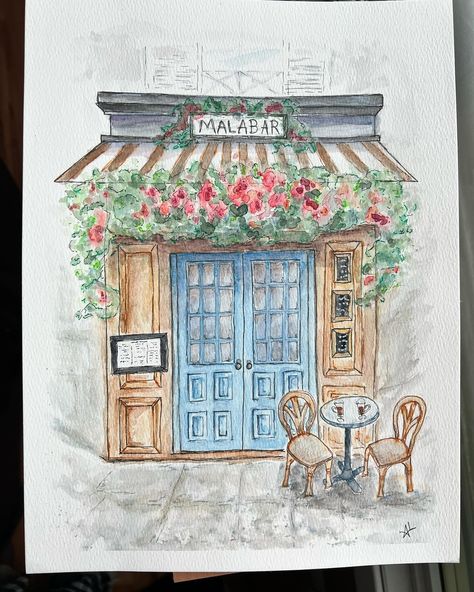 Line and wash watercolour of a little cafe store front #ilikeiwantilove #watercolor #lineandwashwatercolor #watercolorillustration Line And Wash, Cafe Store, Store Front, Pastel Aesthetic, Watercolor Illustration, Painting & Drawing, Art Inspo, Watercolor Paintings, Cafe