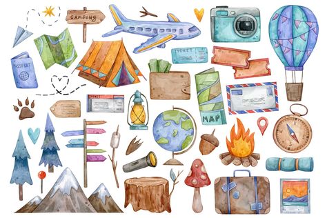 Watercolor Travel Clipart by Aquarellka on @creativemarket School Watercolor, Travel Doodles, Watercolor Travel, Travel Clipart, Photoshop Watercolor, School Illustration, Diy Travel Journal, Minimal Painting, Watercolor Journal