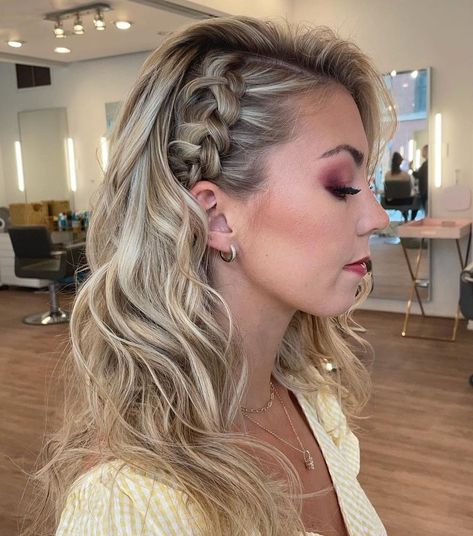 Shoulder Length Hairstyle with Accent Braid Side Upstyles For Medium Hair, Beach Waves With Braid Short Hair, Front Hair Braided Back Out, Bridesmaid Hair Down With Braid On Side, Half Up Half Down Medium Hair Wedding, Maid Of Honor Hairstyles Medium Half Up, Side Bridesmaid Hair, Hairstyles With Pins On Side, Braided Side Hairstyles