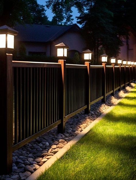 Fence With Solar Lights, Fence Design With Lights, Small Yard Lighting Ideas, Solar Caps For Fence Posts, Fence Post Solar Lights, Lights On Aluminum Fence, Solar Lights Front Porch, Diy Fence Lighting Ideas, Backyard Solar Lighting Ideas Fence