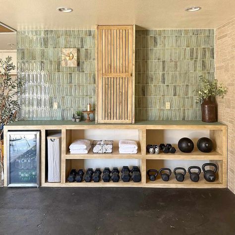 These Small Home Gym Ideas Can Suit Any Space Basement Gym Storage Ideas, Garage Into Workout Room, Home Gym Renovation, Fitness Area In Home, Living Room Gym Ideas, Mini At Home Gym, Home Gym Small Room, Pretty Home Gym, Simple At Home Gym