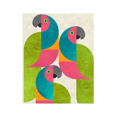 Introducing Mod Parrot; an art piece featuring a stylized composition of vibrant birds. The color palette includes cerulean, tangerine, leaf, and fuchsia on a parchment-hued background, resulting in a delightful and cool visual. This modern canvas is on-trend and draws inspiration from classic mid-century modern styling. Place this bold graphic wherever you need a pop of color. Mod Parrot is available in several sizes, with either a white or black frame, for seamless integration into your existi Piece Of Art, Two Color Painting, Abstract Mid Century Art, Graphic Pop Art, Pattern Acrylic Painting, Mid Mod Art, Mod Art, Painting For Bedroom Art Ideas, Colourful Canvas Painting