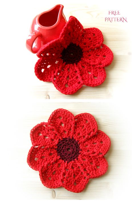 Flower Dishcloth Free Crochet Patterns - DIY Magazine Crochet Fruit Dishcloth, Crochet Flower Dishcloth, Crochet Flower Trivet, Crochet Flower Dishcloth Pattern Free, Crochet Flower Hot Pads Free Pattern, Flower Dishcloth Crochet Pattern, Crochet Dishcloths Free Patterns, Easy Small Crochet, Flower Dishcloth