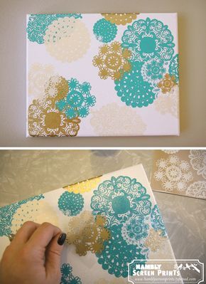 Doily Rub-on Canvas - Doily Crafts Paper Doily Crafts, Doily Art, Cuadros Diy, Doilies Crafts, Canvas Wall Hanging, Paper Doilies, בר מצווה, Chalk Couture, Canvas Projects