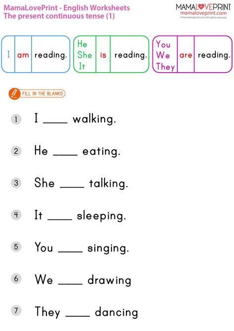 MamaLovePrint . Grade 1 English Worksheets . Basic Grammar (Present Continuous) PDF Free Download Grade 1 English Worksheets, Basic English For Kids, Present Continuous Worksheet, Simple English Sentences, Materi Bahasa Inggris, Teach English To Kids, Phonics For Kids, Present Continuous Tense, English Grammar For Kids