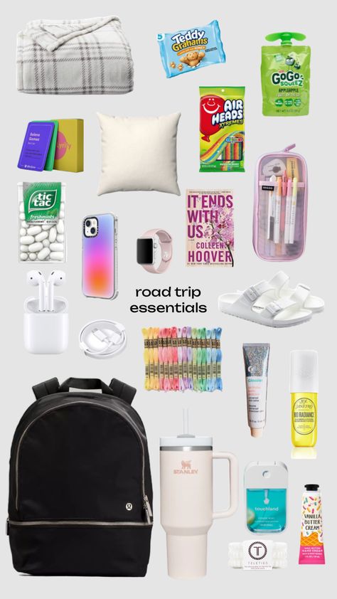 Road Trip Bag Aesthetic, School Trip Essentials Packing Lists, What To Bring On A 2 Hour Road Trip, Packing For 2 Day Trip, Short Road Trip Essentials, Essentials For Road Trip, Road Trip Carry On, What To Bring On A Road Trip For Teens, Girls Road Trip Essentials