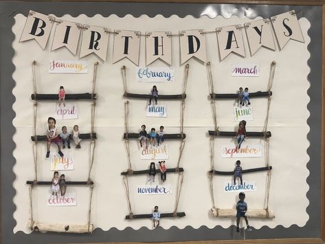 Cricut Classroom Birthday Board, Birthday Wall Ideas For Classroom Reggio, Simple Birthday Display Classroom, Displaying Birthdays In The Classroom, Reggio Birthday Ideas, Kindergarten Birthday Display, Farmhouse Birthday Bulletin Board, Birthday Wall In Kindergarten, Class Birthday Wall Ideas