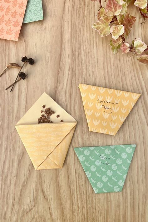 These origami seed packets are so easy to make and are great for storing seeds collected from ... Diy Paper Seed Cards, Seed Bags Diy, Giving Seeds As A Gift, Origami Seed Envelope, Folded Paper Pockets, Origami Seed Packet, Origami Packet, Seed Packets Diy, Seed Collecting