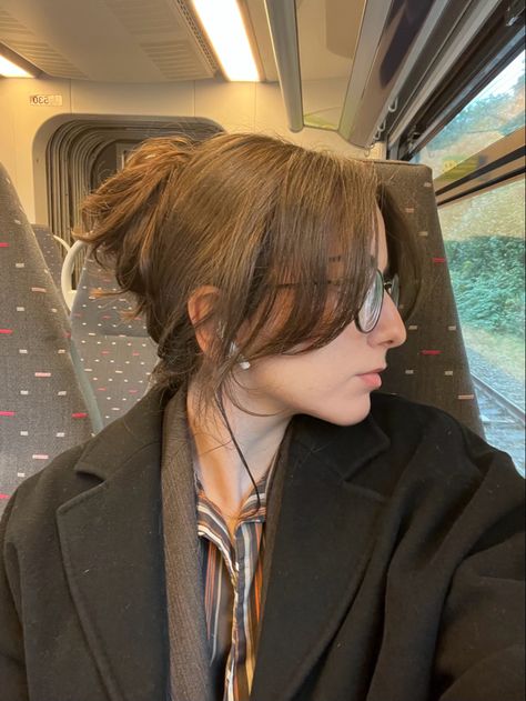 fall hairstyle, high bun, curtain bangs Bun Hairstyle With Curtain Bangs, Curtain Bangs With Hat, Curtain Bangs Bun, Curtain Bangs Hairstyles Updo, Curtain Bangs Glasses, Hairstyle High Bun, Updo With Curtain Bangs, Curtain Bangs With Glasses, Bangs With Glasses