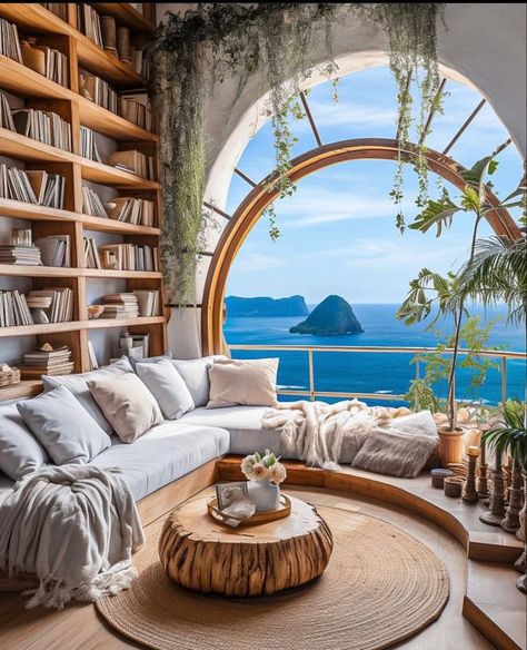 Beautiful library lounge bookshelves, ocean water view Beach House Library, Cottage House Design, Beach Library, Vastu House, Dream Interior, Casa Country, Home Library Design, Dream House Rooms, Dream Room Inspiration