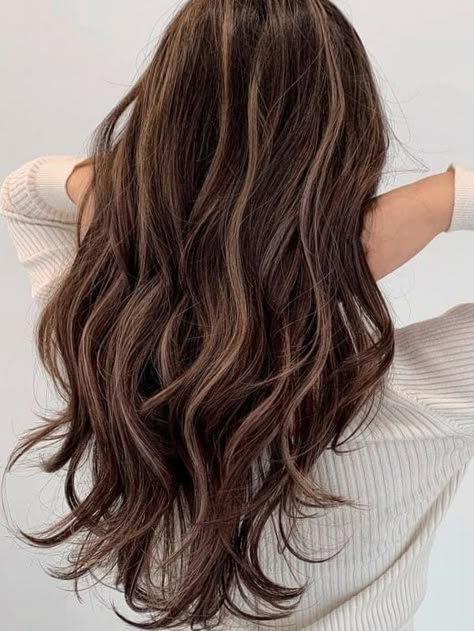 Muted Brown Balayage for Wavy Hair Highlights Wavy Brown Hair, Natural Hair Color Asian, Top Layer Highlights, Hair Dye Ideas For Wavy Hair, Korean Highlights Hair Color, Wavy Hair Dye Ideas, Brown Wavy Hair With Highlights, Muted Brown Hair, Vintage Brown Hair