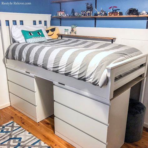 DIY Loft Bed from Ikea Drawers White Wooden Single Bed, Ikea Loft, Ikea Bunk Bed, Ikea Loft Bed, Bed Inspiration, Ikea Bed Hack, A Loft Bed, Diy Loft, Diy Storage Bed