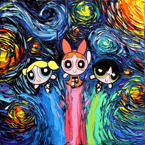 Powerpuff Girls in starry night Aja Trier, Appropriation Art, Arte Punk, Arte Van Gogh, A Starry Night, The Powerpuff Girls, The Powerpuff, Starry Night Van Gogh, Cultura Pop