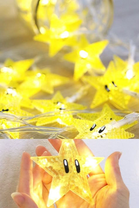 My ALL TIME FAVORITE Nintendo DIY thus far and huge sincere thank you to Nintendo for FT my work and supporting me all these years! I cant even begin to tell you how AWESOME this DIY is and how cool it is to sit in the light of a glowing invincible super star! Diy Nintendo Decor, Mario Lights, Mario Kart Diy, Mario Diy, Diy Mario Decorations, Mario Bros Room, Nintendo Crafts, Nintendo Decor, Diy Nintendo