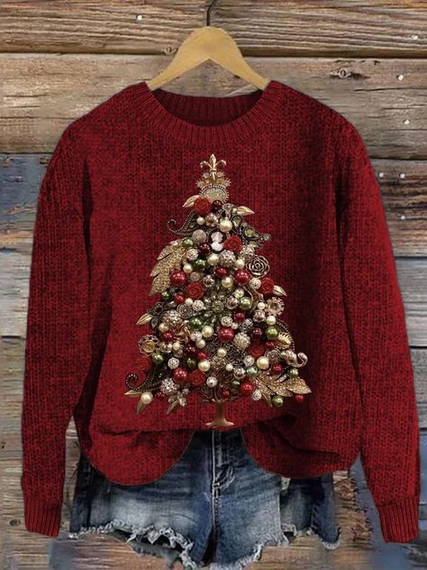 Women's Clothing Library Fashion, Winter Christmas Tree, Yarn Clothes, Jewel Art, Knitting Sweaters, Elegant Christmas Trees, Cozy Knit Sweater, Booth Ideas, Unique Clothing