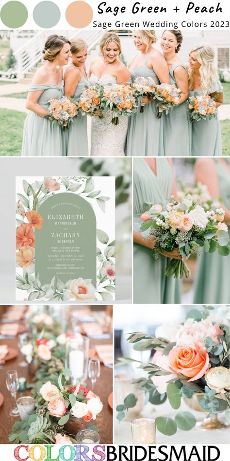 Top 9 Sage Green Wedding Color Palettes for 2023 - ColorsBridesmaid Sage Green And Peach Wedding Invitations, Mint Sage Wedding Theme, Sage Green Peach And Gray Wedding, Wedding Theme Colours For 2023, Soft Green Wedding Colors, Sage Green Bridesmaid Dresses Bouquets, Safe Wedding Colors, Sage Green Peach And White Wedding, Light Sage Green Wedding Color Schemes