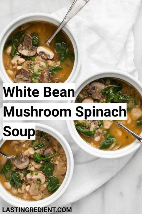 I really love this white bean mushroom spinach soup. Part of the reason is because it’s fast and easy to cook. To start, I sauté white onions over medium heat to gently let them soften.Then I add sliced cremini mushrooms followed by garlic and lots of minced fresh rosemary.Once the mushrooms are cooked, it’s time to stir in the beans and vegetable broth. I like great northern beans, but you can also use cannellini beans. Bean Mushroom Soup, Mushroom Spinach Soup, Easy Vegan Soup, Winter Lunch, Mushroom Spinach, Mushroom Soup Recipes, Northern Beans, Spinach Soup, Cremini Mushrooms