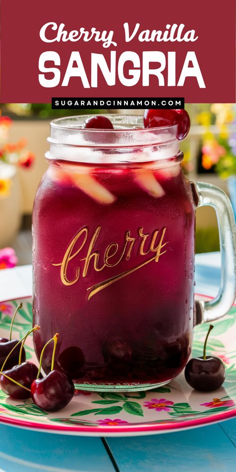 🍒🥂 Elevate your cocktail game with Cherry Vanilla Sangria! A fusion of fresh cherries and vanilla-infused white wine creates a drink that's both refreshing and sophisticated. Perfect for any occasion! Get the full recipe and save this pin to make sure you never miss out on this tasty treat! Mexican Sangria Recipes, Sangria Recipes Easy, Drink Competition, Sweet Sangria Recipe, Vodka Sangria, Autumn Beverages, Fruity Sangria, Cherry Sangria, Best Sangria Recipe