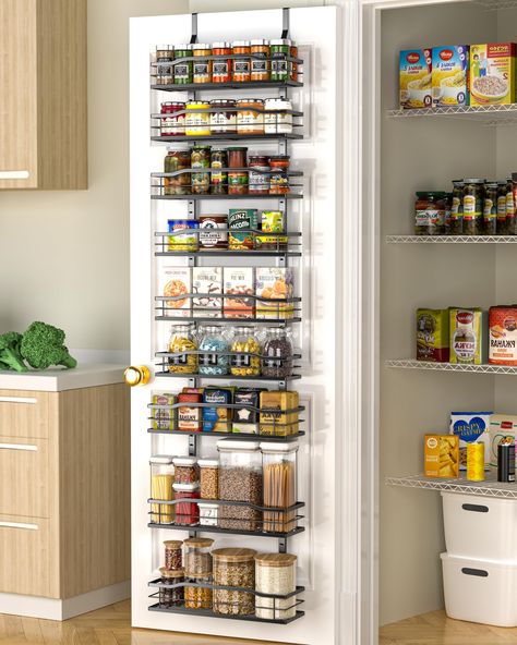 PRICES MAY VARY. Maximize Your Space: Please measure the width of your door before purchasing to see if it can fit a 12.2"W shelf. Our 9-Tier over the door pantry organizer is designed to make the most of your storage space, allowing you to store more items in a smaller area such as spice and some jars. Perfect for small kitchens or those with limited storage space. Durable & Strong: Made with high-quality, durable metal, our pantry organization can withstand the weight of heavy cans and jars, k Above Pantry Decor, Organize Small Cabinets, Kitchen Organization Small Space, Pantry For Small Spaces, Over The Door Pantry Organizer, Pantry And Coat Closet Combo, Pantry Storage Baskets, Tiny Home Kitchen Storage, Kitchen Shelf Organization Ideas