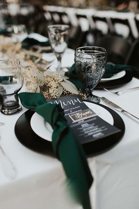 Black, Hunter Green and White Wedding Color Ideas 2024, Hunter Green Bridesmaid Dresses and Wedding Shoes - ColorsBridesmaid Black Green And Gold Wedding Wedding Table Decor, Dark Green Wedding Place Settings, Black Green Table Setting, Dark Green And Sage Green Wedding, Green And Black Table Setting, Emerald Green And Gold Table Decor, Emerald Green Wedding Table Decor, Black And Green Table Setting, Dark Green Wedding Table Decor