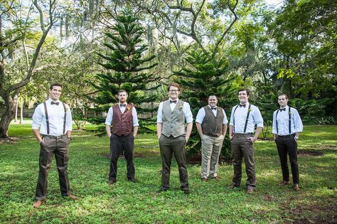 Outdoor, St Pete Groom Wedding Portrait with Groomsmen in Brown and Grey Suits, Vests, Suspenders, and Bowties Medieval Groomsmen Attire, Hobbit Wedding Groomsmen, Fantasy Wedding Groomsmen, Fantasy Groomsmen Attire, Fantasy Groomsmen, Fairy Wedding Groomsmen, Hobbit Wedding Groom, Hobbit Groomsmen, Lotr Groomsmen