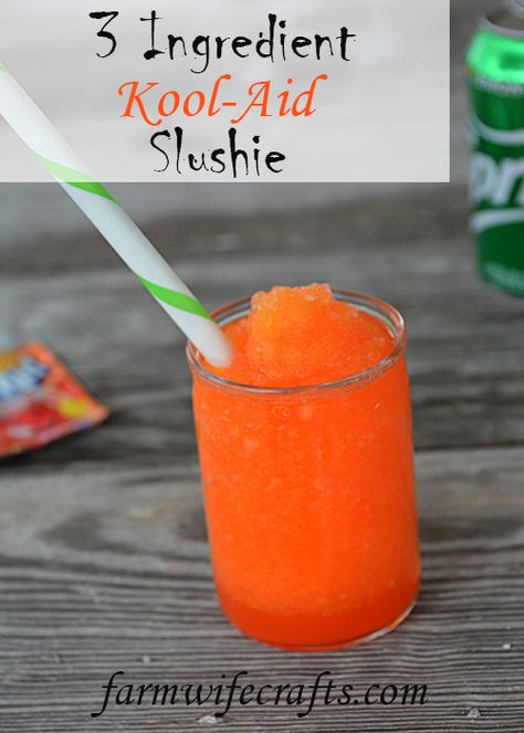 3 Ingredient Kool-Aid Slushie - The Farmwife Crafts Kool Aid Slushie Recipe, Kool Aid Drinks Recipes, Kool Aid Slushie, Koolaid Slushies Recipes, Slushy Recipes, Jello Popsicles, Bucket Drinks, Bariatric Protein, Homemade Snow Cones