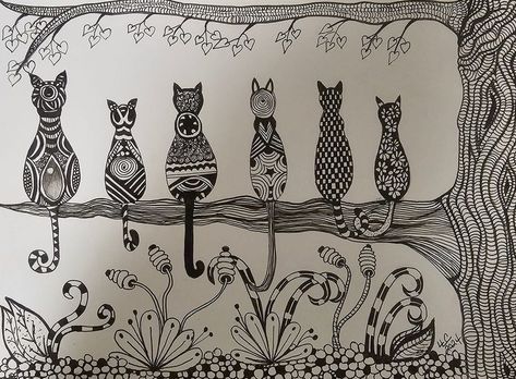 Zentangle 101 | Cats Out on a limb. | Facebook Cat Zentangle, Out On A Limb, Cat Doodle, Group Art, Colouring Pages, Tangled, Zen, Doodles, Sketch