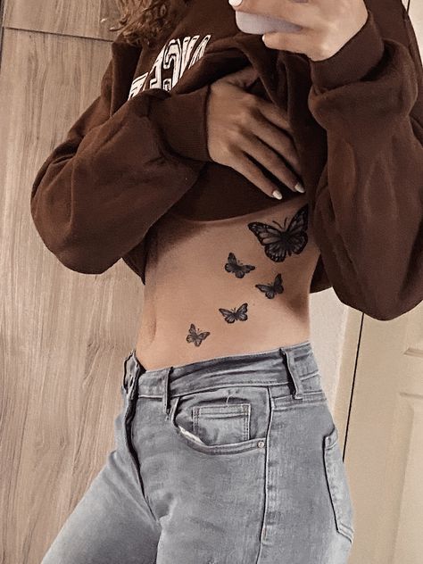 Butterflies Tattoo Stomach, Butterfly Side Stomach Tattoo, Butterfly Tattoo Side Stomach, Side Tattoos Butterflies, Butterfly Torso Tattoos For Women, Butterflies Tattoo On Stomach, Butterfly Tattoo Going Up Side, Side Tattoos Women Butterflies, Tattoo Ideas Side Stomach