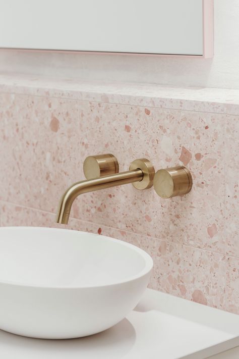 Brass Tapware Bathroom, Pink Terrazzo Tile, Pink Tile Bathroom, Brass Tapware, Loft Renovation, Brushed Gold Bathroom, Terrazzo Bathroom, Pink Terrazzo, Contemporary Bathroom Designs