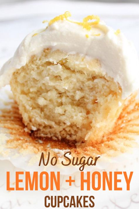 These lemon cupcakes are really special!  Sweetened with honey instead of sugar, these small cakes pack a big flavour punch.  Click for the recipe! Muffins Sweetened With Honey, Flavoured Honey Recipe, Lemon Honey Cupcakes, Desserts Using Honey Or Maple Syrup, Cake Sweetened With Honey, Healthy Lemon Cupcakes, Honey Sweetened Muffins, Foods With Honey, Recipes Made With Honey