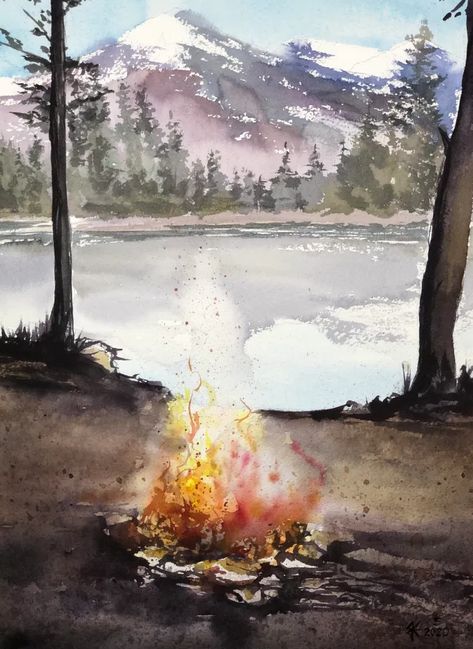 Collette’s Happy Place – Joshua Elek Watercolour Fire, Give And Receive, A Place For Everything, Colouring Pics, Watercolor Projects, Fire Art, Watercolor Trees, Urban Sketching, 2d Art