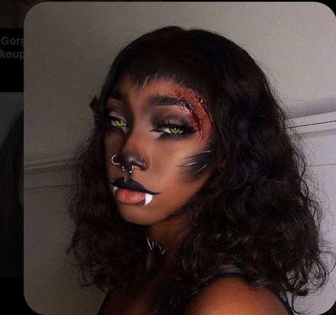 Wolf Nose Makeup, Werewolf Cosplay Female, Werewolf Female Aesthetic, She Wolf Costume Makeup, Wolf Costume Women Makeup, Wolf Make Up Halloween, Werewolf Makeup Female Halloween, Werewolf Halloween Costume Women, Female Werewolf Costume