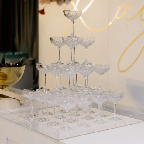 Etched Coupe Champagne Tower & Tray Set - 30pc - The Pretty Prop Shop - Auckland Wedding and Event Hire Elegant Glasses, Auckland Wedding, Glass Candy Jars, Holiday 2024, Champagne Tower, Glass Tea Light Holders, Drip Tray, Bar Glassware, Tray Set