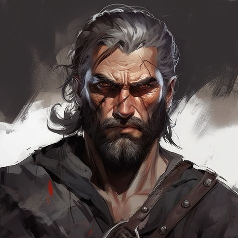 He's a man in his forties, with short brown hair, shaved on the sides, and tanned skin. A scar over his left eye has made him one-eyed. The Witcher portrait style White Hair Men, Eye Scar, Dark Heresy, Skins Characters, Tanned Skin, Left Eye, Short Brown Hair, Knight Armor, Face Characters