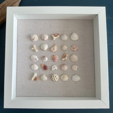 Experience the peaceful serenity of the sea in your home with our one-of-a-kind 8x8 Seashell Art,lovingly-made by hand, ensuring its individuality and the beauty of the seashells. The small pink Calico Scallop Shell serves as the anchor, with complimentary colors, sizes & types of shells arranged artfully around it. The artwork is then secured onto a linen fabric, finally framed in durable, eco-friendly MDF wood with a protective glass cover to ensure years of enjoyment. Shell Decorations Diy, Art With Shells Seashells, Framing Seashells, Seashell Collection Display Ideas, Framed Shell Art, Canvas Shell Art, Seashell Shadow Box Ideas, Resin Shell Art, Sea Shell Art Diy