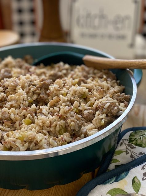 Sausage and Rice Stuffing — Savvy Italian Italian Sausage Rice Stuffing, Italian Rice Stuffing Thanksgiving, Italian Rice Stuffing, Sausage And Rice Stuffing, Italian Sausage And Rice Recipes, Rice Stuffing Thanksgiving, Rice Stuffing Recipes, Dressing With Sausage, Roasted Pork Belly Recipe