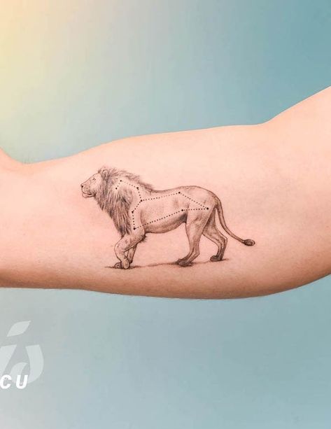 Leo Tattoo Men Zodiac Signs, Aries Leo Tattoo, Leo Tattoo Men, Leo Back Tattoo, Lion Body Tattoo, Leo Astrology Tattoo, Leo Tattoo For Men, Fine Line Lion Tattoo, Cute Lion Tattoo