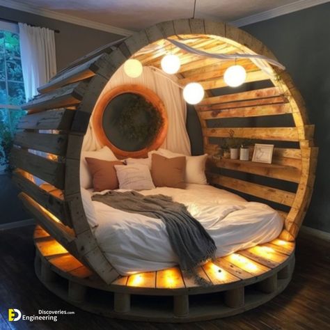 Round Pallet Bed, Wooden Pallet Beds Aesthetic, Creative Bed Frame Ideas, Wood Palette Bed, Pallet Bed Frame With Lights, Floating Pallet Bed, Wooden Bed Frame Ideas, Queen Pallet Bed, Bed Made Out Of Pallets