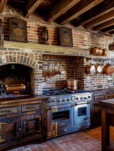 Cozy Farmhouse Kitchen: Brick Oven and Copper Kitchen Tools Wood Stove Oven Kitchen, Indoor Brick Oven, Oven In Fireplace Kitchen, Brick Rustic House, Fireplace Kitchen Ideas, Brick And Wood Kitchen, Brick Oven Kitchen, Brick Range Hood, Kitchen Fireplace Ideas