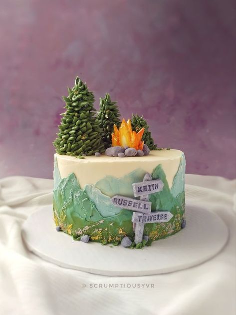 Mountain Themed Cake Ideas, Outdoor Theme Wedding Cake, Mountain Cake Decoration, Nature Theme Cake Ideas, Birthday Cake Mountain Theme, Outdoor Theme Cake, Outdoor Theme Birthday Cake, Mountain Cake Ideas Birthday, Camping Cake Design