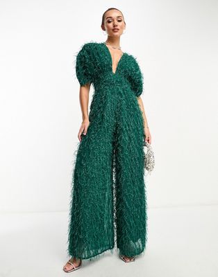 ASOS DESIGN fluffy plunge jumpsuit in green metallic - Best Deals You Need To See Fun Formal Outfits, English Wedding Guest Attire, Plus Size Cocktail Attire, Plus Size Formal Jumpsuit, Pants Wedding Guest Outfit, Wedding Romper, Evening Jumpsuit, Colorful Jumpsuit, Holiday Looks