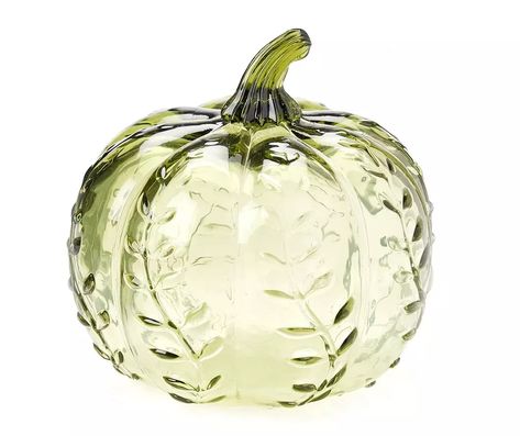 Harvest Meadow 6.5" Green Embossed Leaf Glass Pumpkin | Big Lots Green Thanksgiving Decor, Glass Pumpkin Centerpiece, Glass Pumpkins Display, Green Fall Decor, Fall Cottage Decor, White Pumpkin Centerpieces, Diy Fall Ideas, Elegant Pumpkins, Fall Cottage