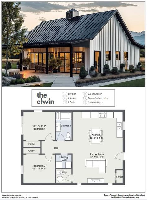 Baby Barndo Sneak Peak!! Introducing “Elwin” 640 sqft 2 bedroom 1 full bathroom Stay tuned for more coming!! #barndoandco #babybarndo #barndosincanada #barndominiumplanningexperts #barndominiumlifestyle #barndofloorplan #barndominiumplanningexperts #barndominiumenvy #barndominiumguy #rentalunit #floorplan #inlawsuite #tinyhome #poolhouse #guesthouse #canada_life #canada #ontario 2 Bed Granny Flat Plans, Barndo Guest House, Guest House Ideas Floor Plans, 2 Bedroom 2 Bath Barndominium Floor Plans, Small Bardo Minimum, Mini Barndominium Floor Plans, Barndominium Guest House, 2 Bed Barndominium Floor Plans, Small House 2 Bedroom