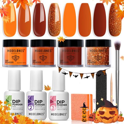 Modelones Dip Powder, Dip Manicure, Halloween Manicure, Diy Salon, Brown Glitter, Fall Gel Nails, Acrylic Nail Kit, French Nail Art, Manicure Diy